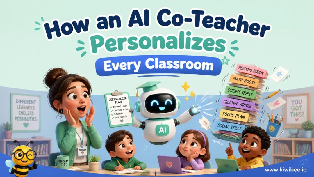 Playful header illustration for the article "How an AI Co-Teacher Personalizes Every Classroom", in KiwiBee's friendly cartoon style with a small bee mascot in the corner.