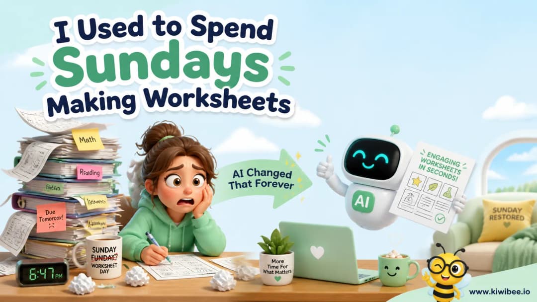 Playful header illustration for the article "I Used to Spend Sundays Making Worksheets — AI Changed That Forever", in KiwiBee's friendly cartoon style with a small bee mascot in the corner.