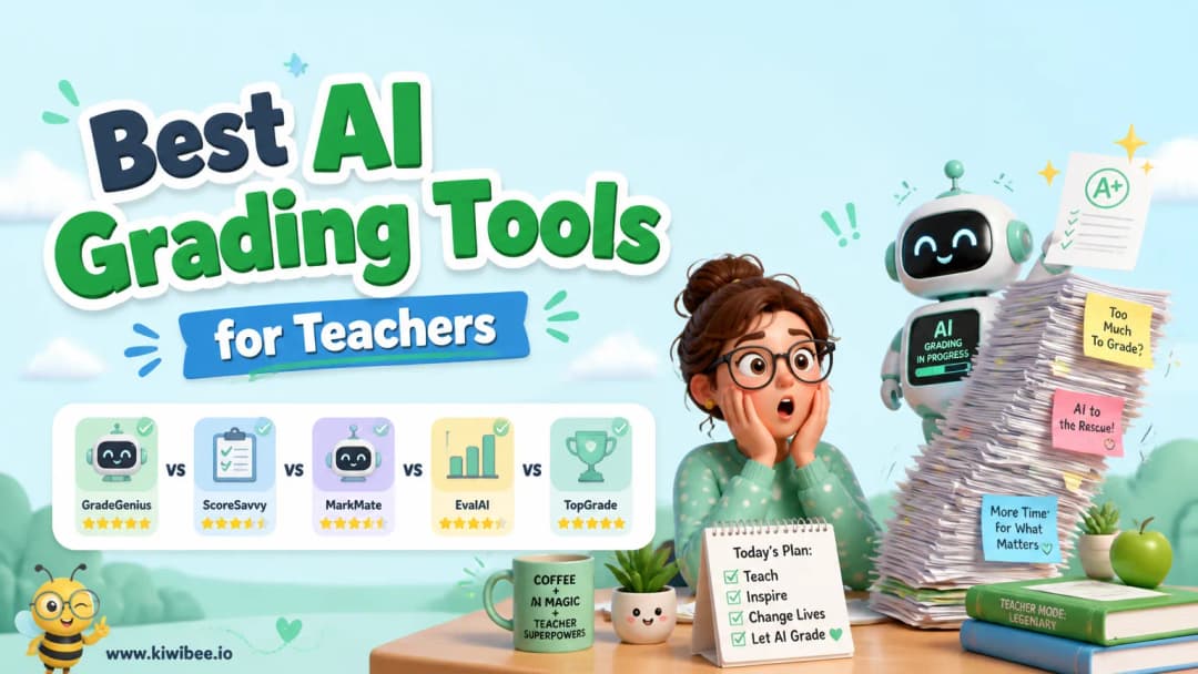 Playful header illustration for the article "Best AI Grading Tools for Teachers in 2026", in KiwiBee's friendly cartoon style with a small bee mascot in the corner.