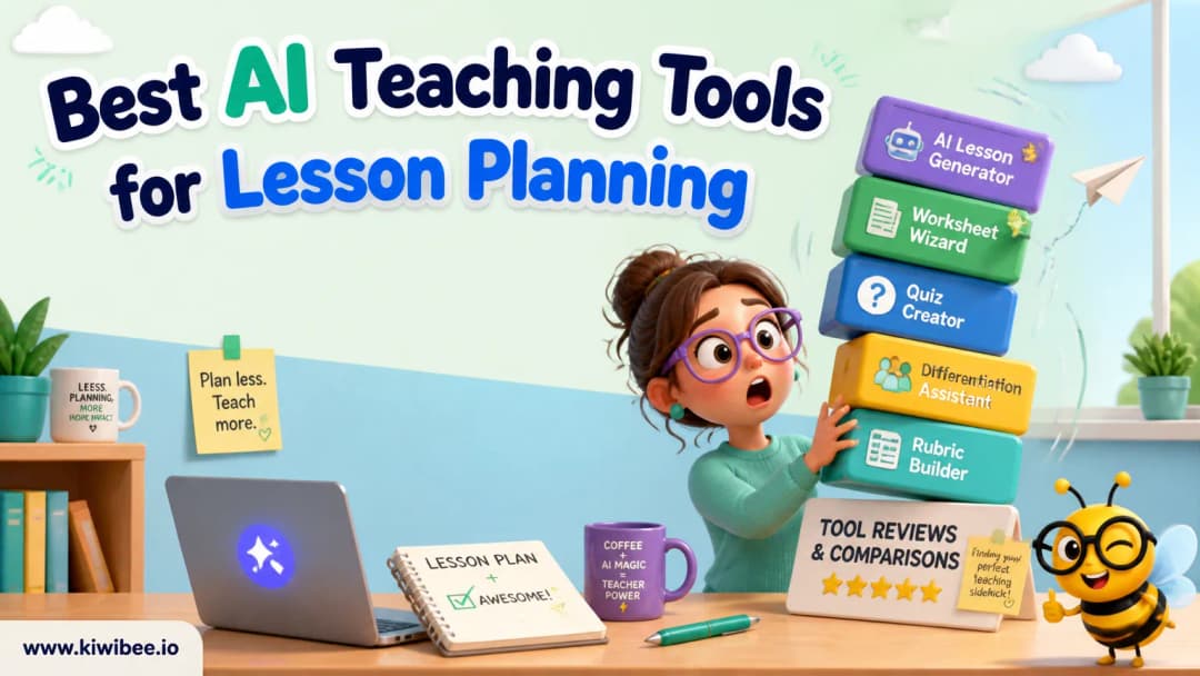 Playful header illustration for the article "Best AI Teaching Tools for Lesson Planning in 2026", in KiwiBee's friendly cartoon style with a small bee mascot in the corner.