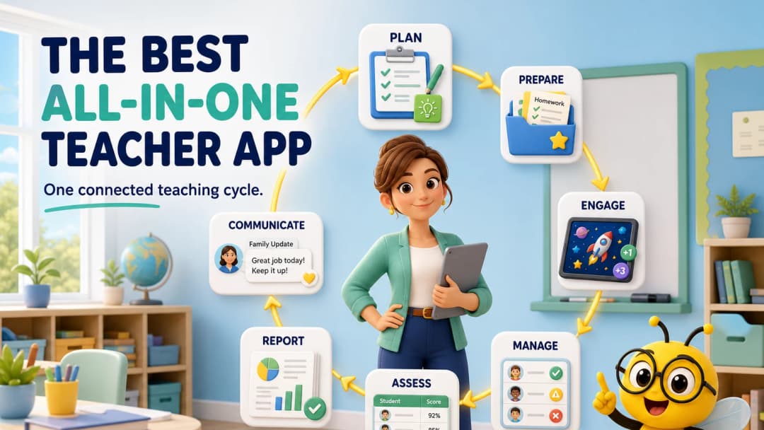 Teacher using one connected workspace for lessons, homework, games and grading
