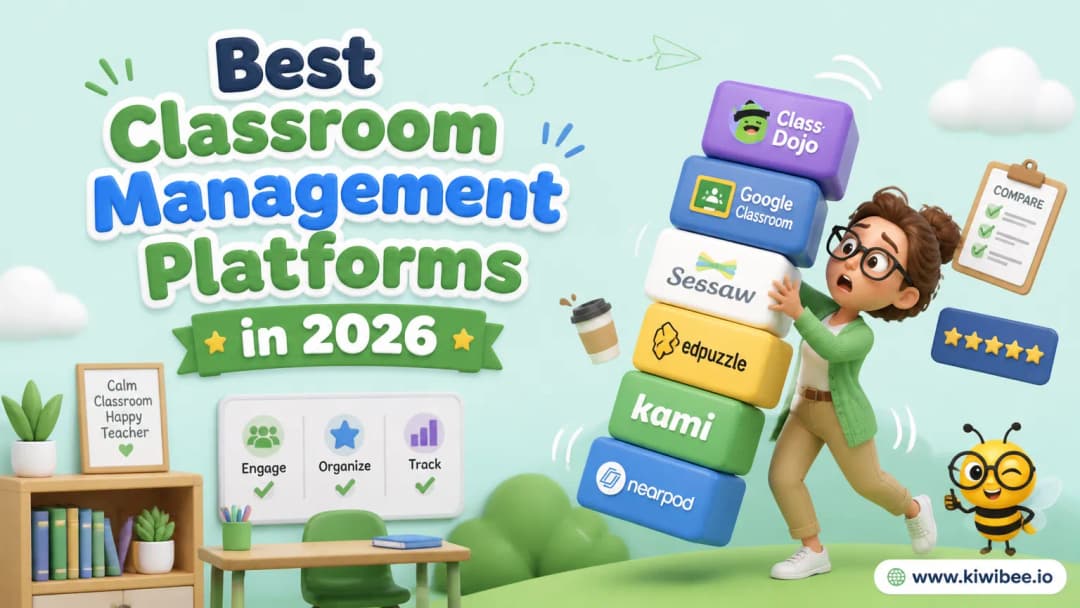 Playful header illustration for the article "Best Classroom Management Platforms in 2026", in KiwiBee's friendly cartoon style with a small bee mascot in the corner.