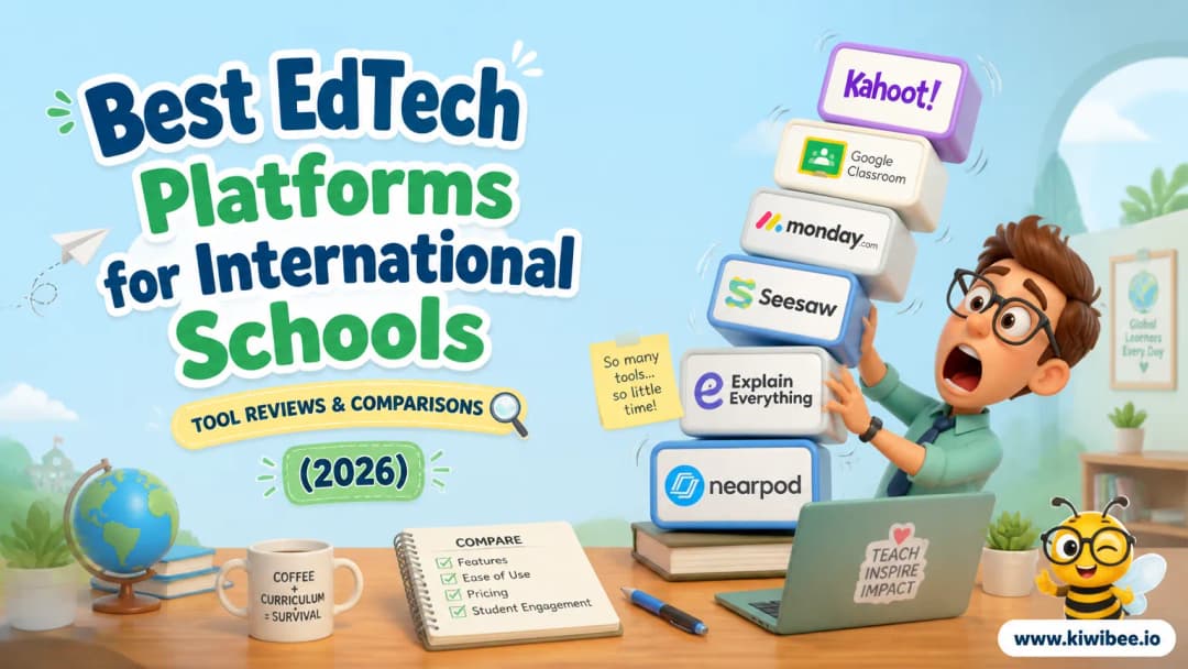 Playful header illustration for the article "Best EdTech Platforms for International Schools (2026)", in KiwiBee's friendly cartoon style with a small bee mascot in the corner.