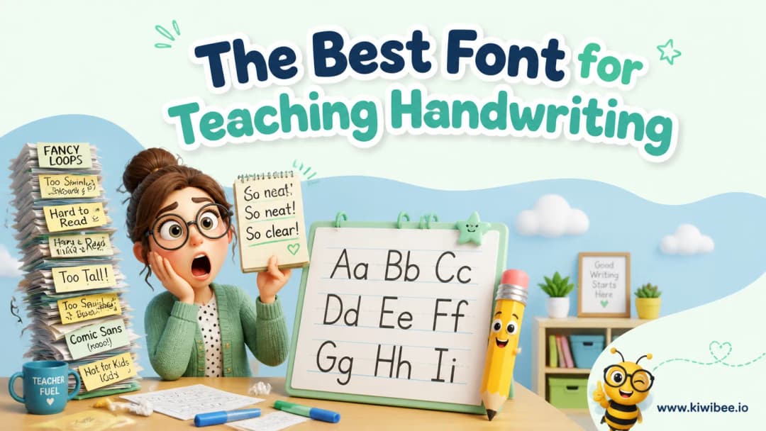 Playful header illustration for the article "The Best Font for Teaching Handwriting", in KiwiBee's friendly cartoon style with a small bee mascot in the corner.