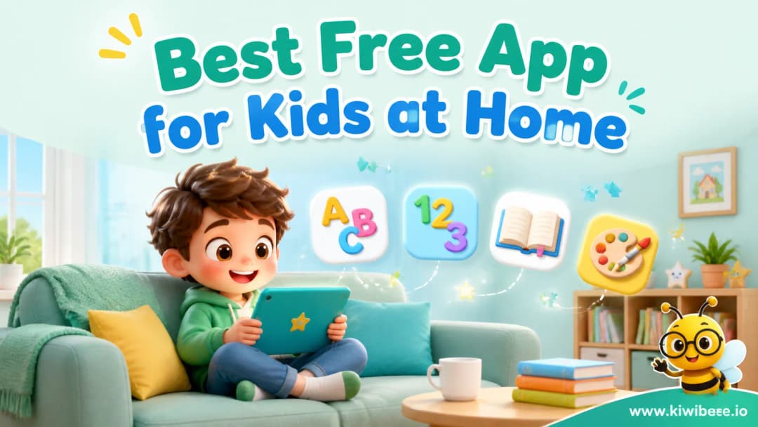 Header illustration for an article on the best free learning app for kids at home — a child using a tablet with phonics, number and book icons, and a small KiwiBee mascot in the corner.