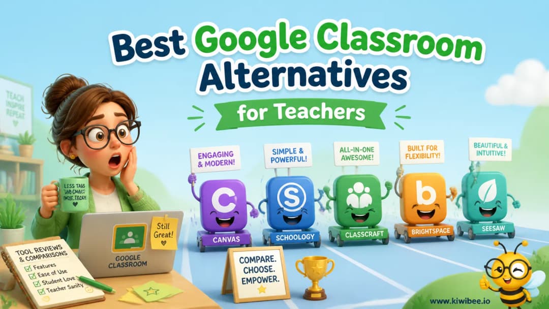 Playful header illustration for the article "Best Google Classroom Alternatives for Teachers (2026)", in KiwiBee's friendly cartoon style with a small bee mascot in the corner.