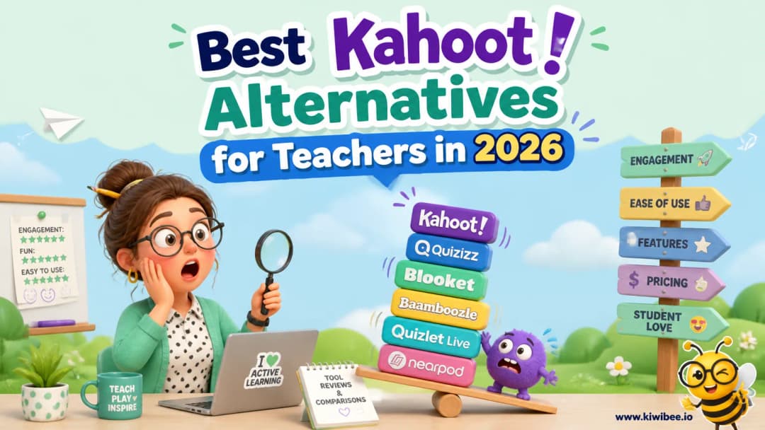 Playful header illustration for the article "Best Kahoot Alternatives for Teachers in 2026", in KiwiBee's friendly cartoon style with a small bee mascot in the corner.