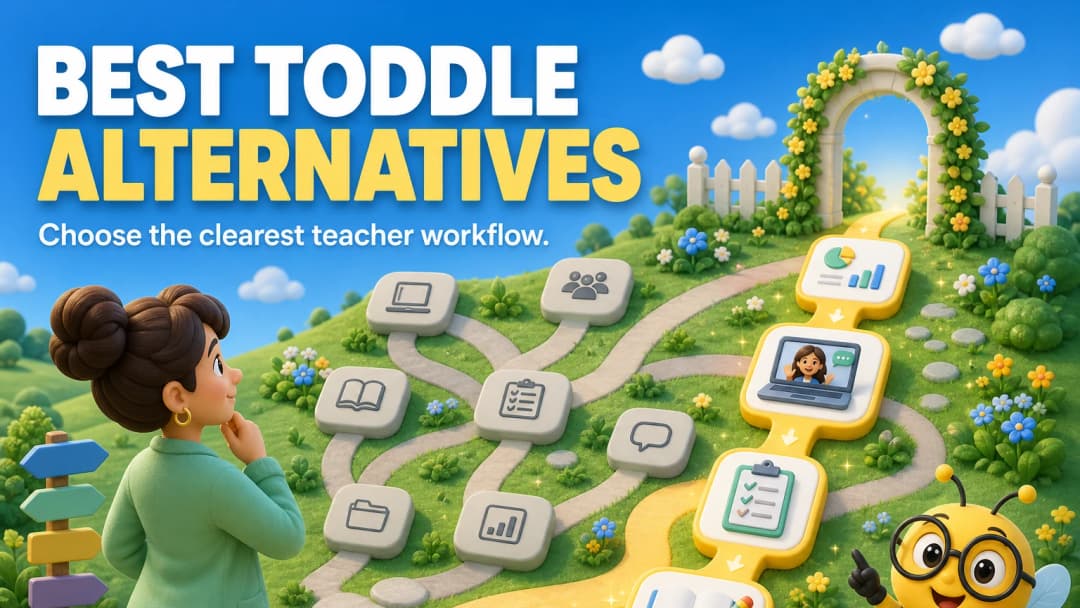 Teacher comparing connected school platforms on a clear decision board