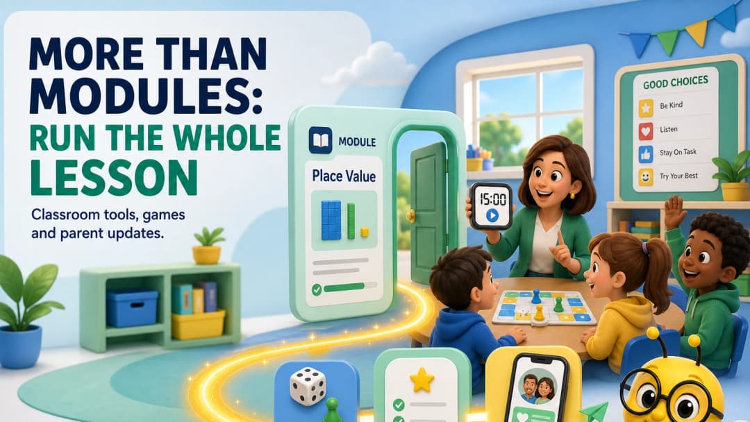 Teacher moving from a lesson to classroom games, behaviour tools and parent updates