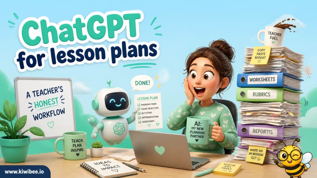 Playful header illustration for the article "ChatGPT for lesson plans: a teacher's honest workflow", in KiwiBee's friendly cartoon style with a small bee mascot in the corner.