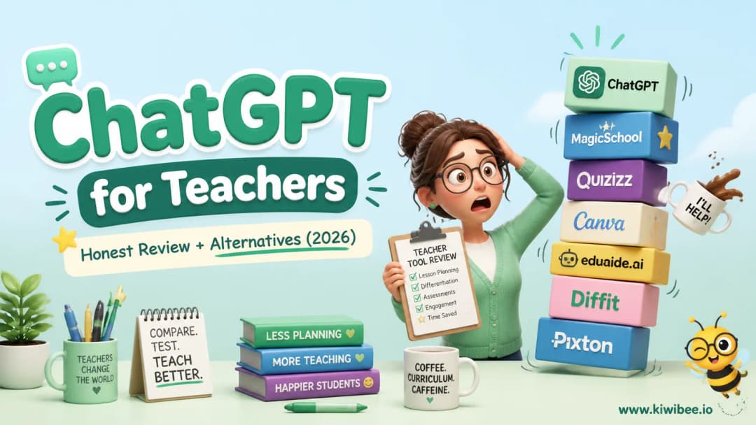 Playful header illustration for the article "ChatGPT for Teachers: Honest Review + Alternatives (2026)", in KiwiBee's friendly cartoon style with a small bee mascot in the corner.