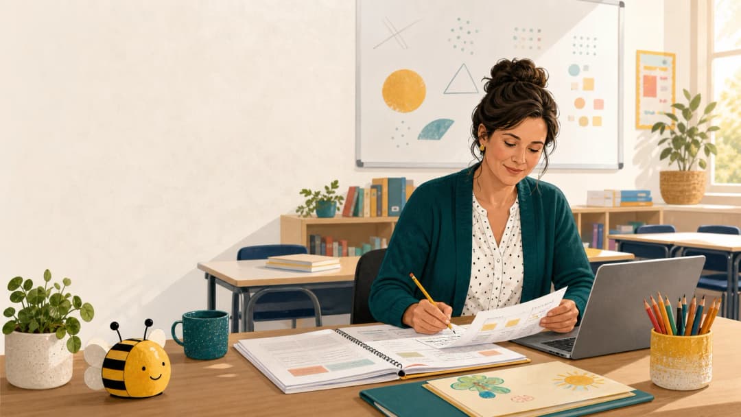 Teacher reviewing lesson materials at a desk in a bright classroom