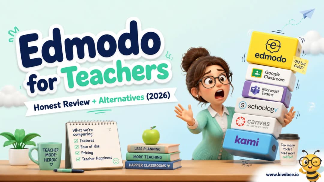 Playful header illustration for the article "Edmodo for Teachers: Honest Review + Alternatives (2026)", in KiwiBee's friendly cartoon style with a small bee mascot in the corner.