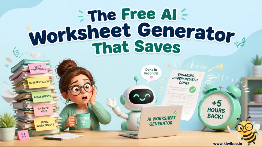 Playful header illustration for the article "The Free AI Worksheet Generator That Saves Teachers 5 Hours a Week", in KiwiBee's friendly cartoon style with a small bee mascot in the corner.