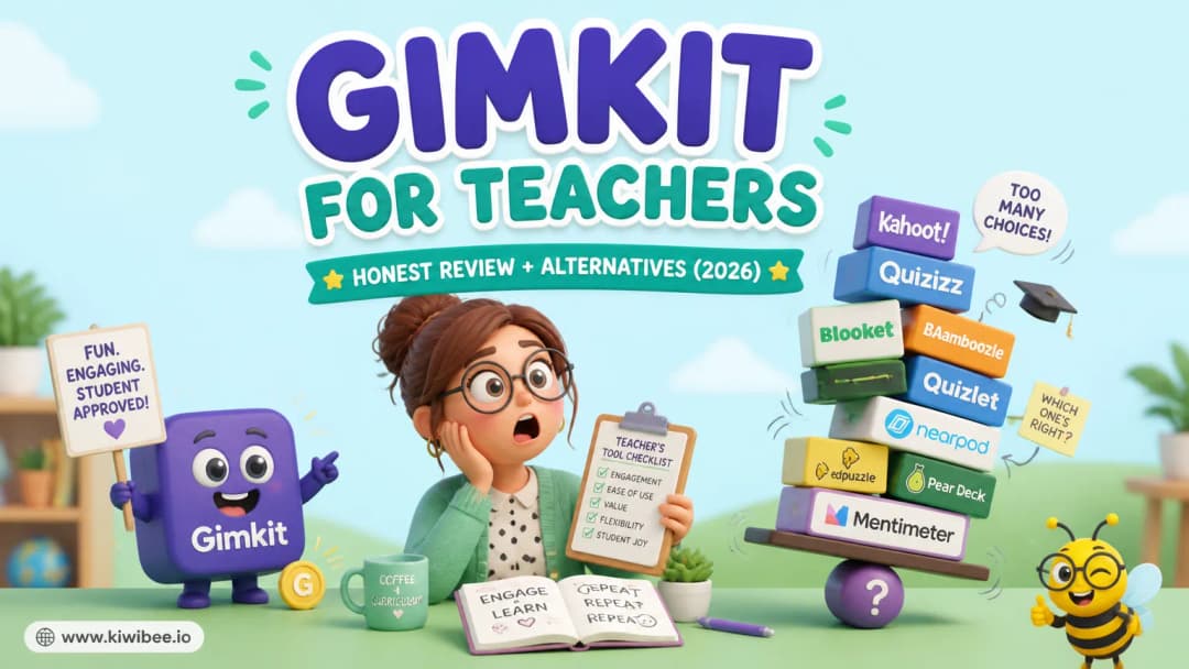 Playful header illustration for the article "Gimkit for Teachers: Honest Review + Alternatives (2026)", in KiwiBee's friendly cartoon style with a small bee mascot in the corner.