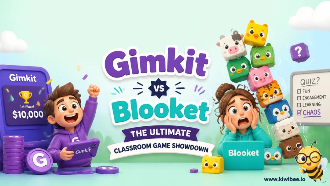 Playful header illustration for the article "Gimkit vs Blooket: The Ultimate Classroom Game Showdown", in KiwiBee's friendly cartoon style with a small bee mascot in the corner.