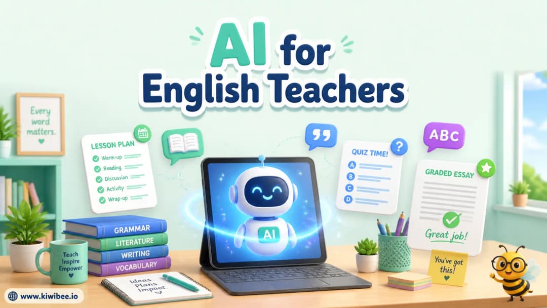 Header illustration for an article on how AI helps English teachers — a glowing laptop with lesson, quiz and marking icons, and a small KiwiBee bee mascot in the corner.