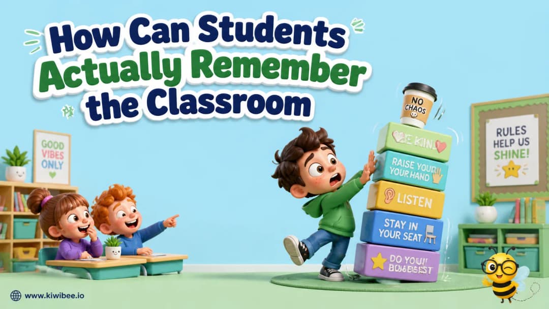Playful header illustration for the article "How Can Students Actually Remember the Classroom Rules?", in KiwiBee's friendly cartoon style with a small bee mascot in the corner.
