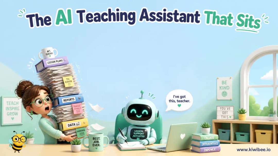 Playful header illustration for the article "The AI Teaching Assistant That Sits in Every Lesson", in KiwiBee's friendly cartoon style with a small bee mascot in the corner.
