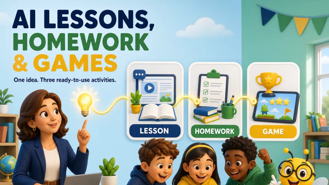 One lesson idea flowing into homework and classroom games with AI support