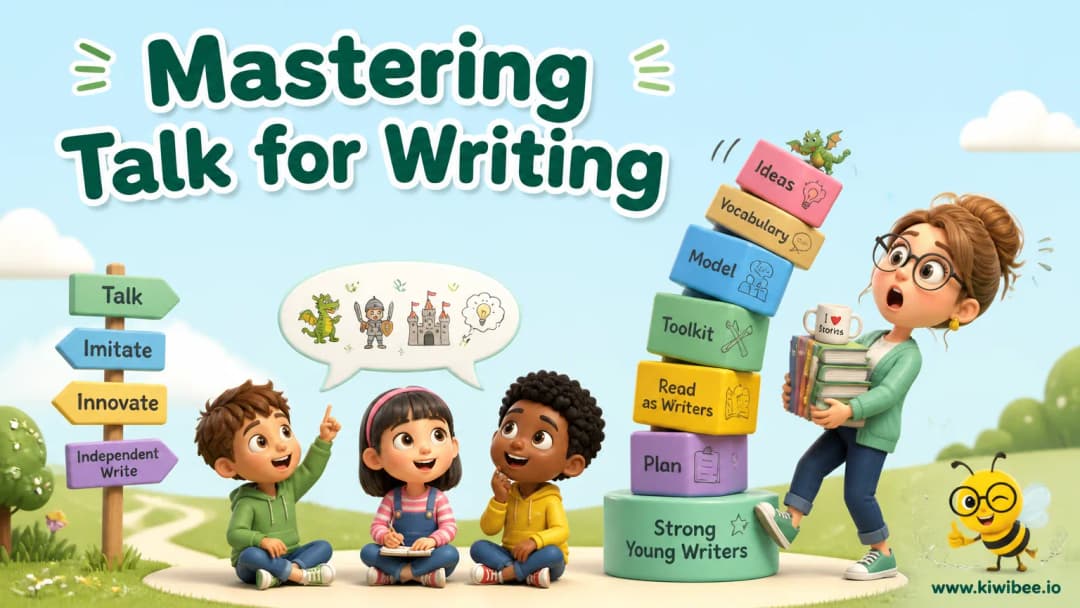 Playful header illustration for the article "Mastering Talk for Writing: A Step-by-Step Guide to Building Young Writers", in KiwiBee's friendly cartoon style with a small bee mascot in the corner.