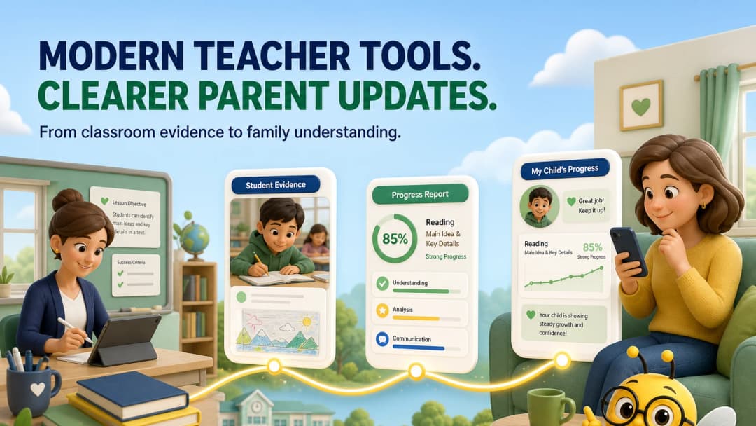 Teacher workspace connected to a clear parent progress view
