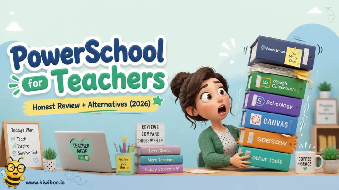 Playful header illustration for the article "PowerSchool for Teachers: Honest Review + Alternatives (2026)", in KiwiBee's friendly cartoon style with a small bee mascot in the corner.