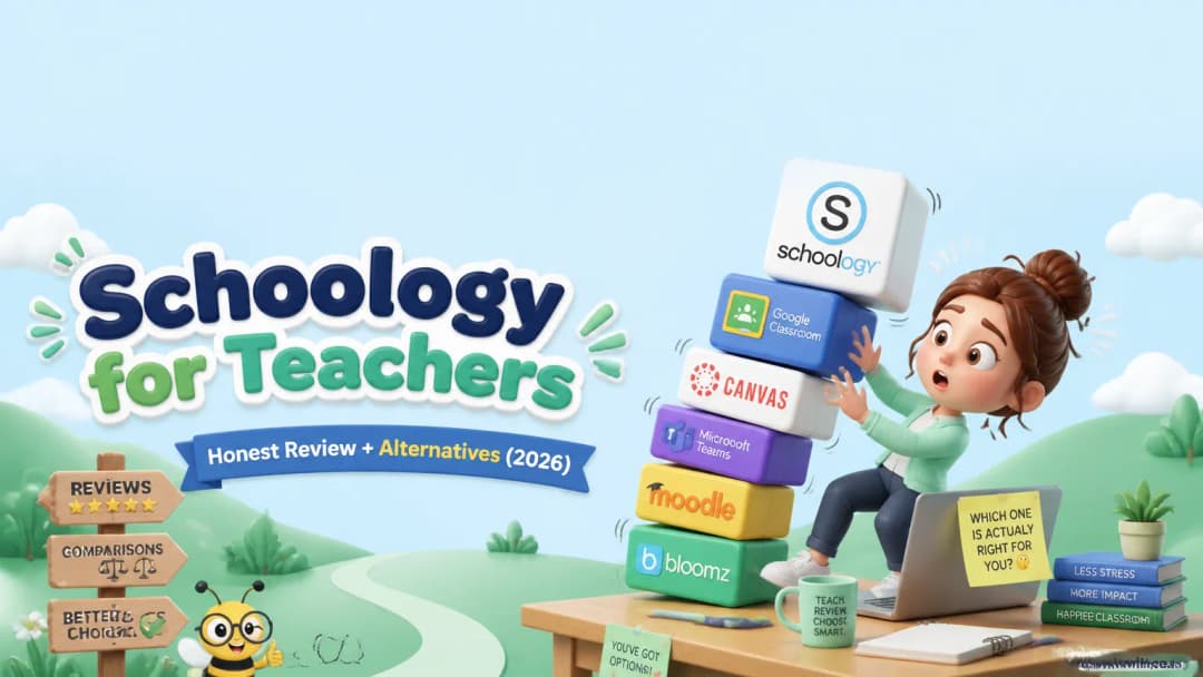 Playful header illustration for the article "Schoology for Teachers: Honest Review + Alternatives (2026)", in KiwiBee's friendly cartoon style with a small bee mascot in the corner.