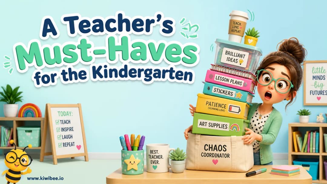 Playful header illustration for the article "A Teacher's Must-Haves for the Kindergarten and Primary Classroom", in KiwiBee's friendly cartoon style with a small bee mascot in the corner.