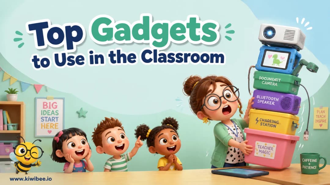 Playful header illustration for the article "Top Gadgets to Use in the Classroom for Kindergarten and Primary Teachers", in KiwiBee's friendly cartoon style with a small bee mascot in the corner.