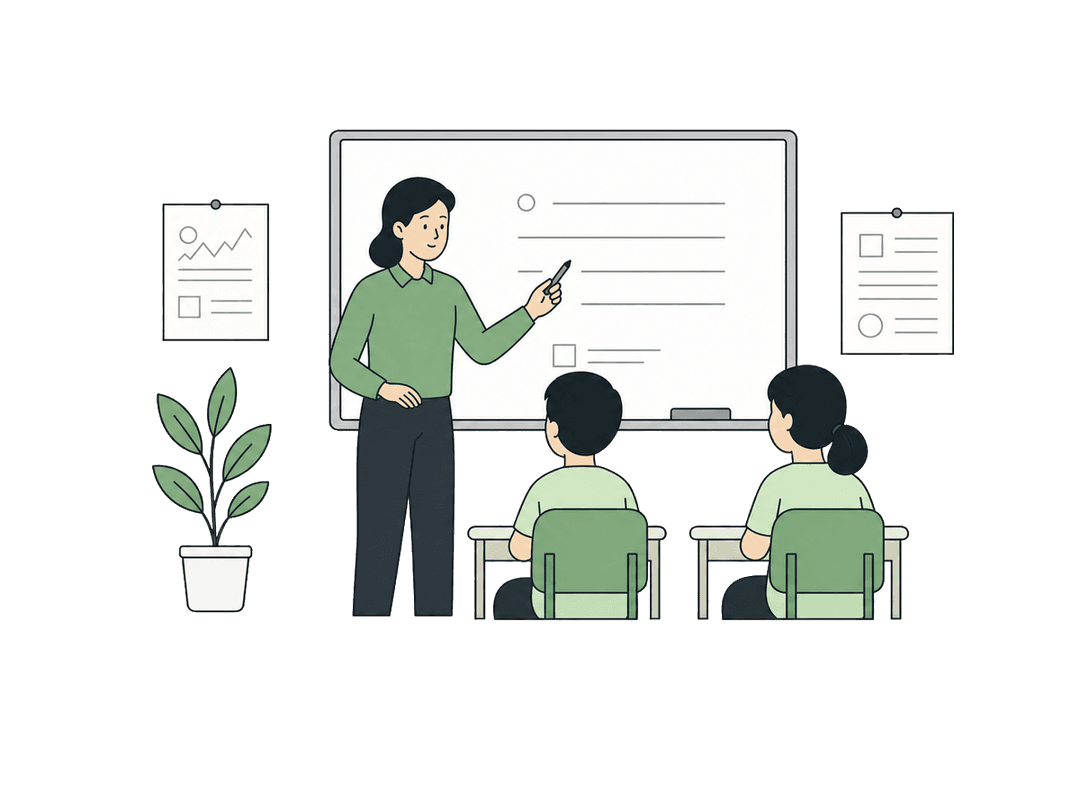 Illustrated teacher and classroom