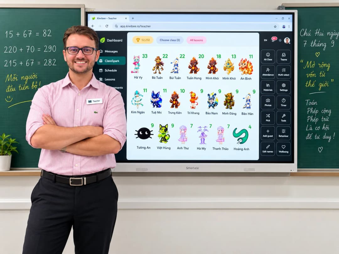 Teacher standing beside a classroom smart board showing the KiwiBee class roster