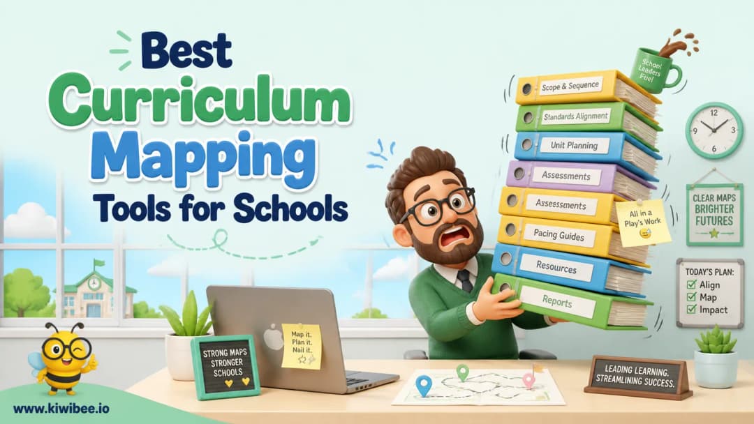 Playful header illustration for the article "Best Curriculum Mapping Tools for Schools in 2026", in KiwiBee's friendly cartoon style with a small bee mascot in the corner.