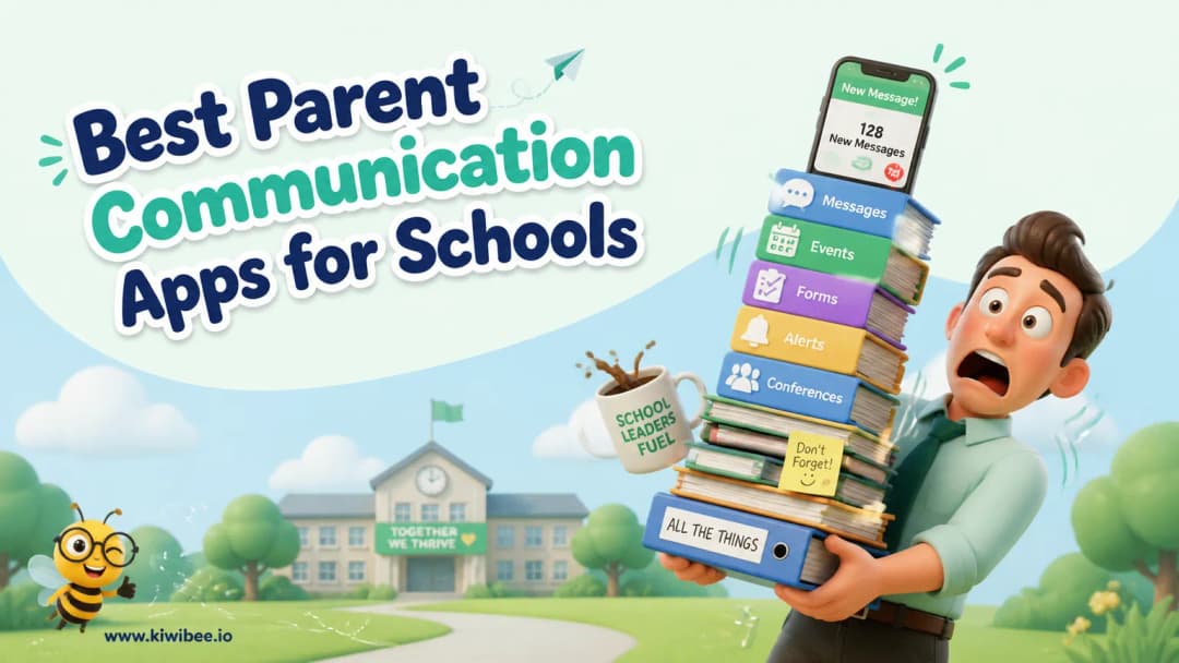 Playful header illustration for the article "Best Parent Communication Apps for Schools in 2026", in KiwiBee's friendly cartoon style with a small bee mascot in the corner.