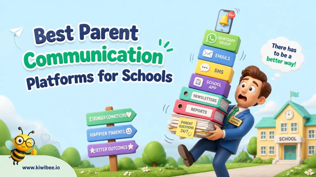 Playful header illustration for the article "Best Parent Communication Platforms for Schools (2026)", in KiwiBee's friendly cartoon style with a small bee mascot in the corner.