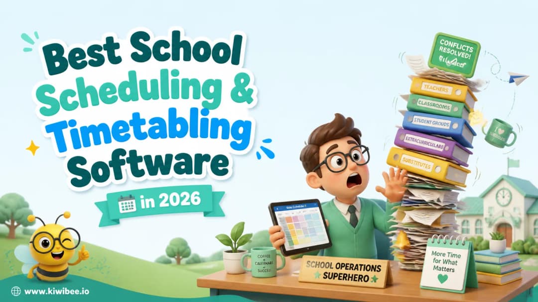 Playful header illustration for the article "Best School Scheduling & Timetabling Software in 2026", in KiwiBee's friendly cartoon style with a small bee mascot in the corner.
