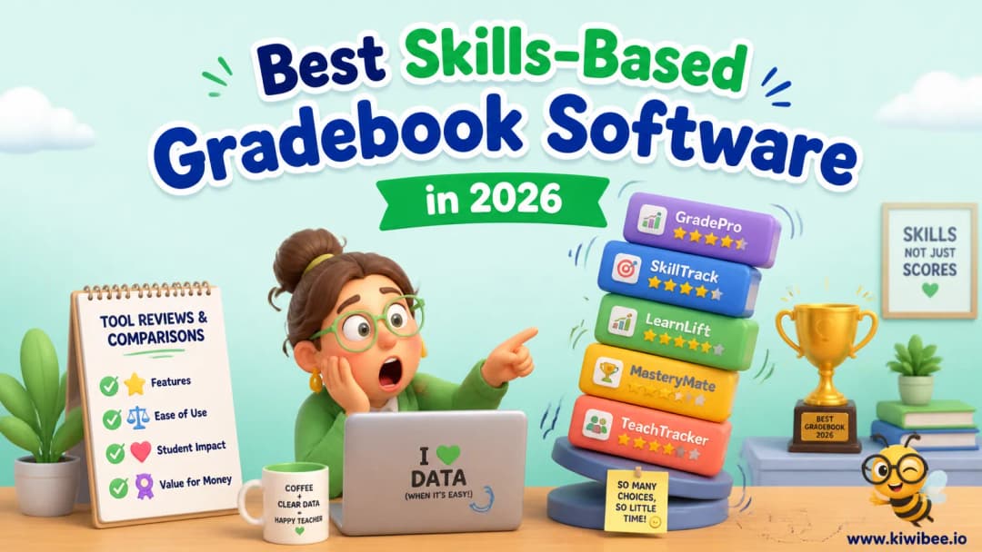 Playful header illustration for the article "Best Skills-Based Gradebook Software in 2026", in KiwiBee's friendly cartoon style with a small bee mascot in the corner.