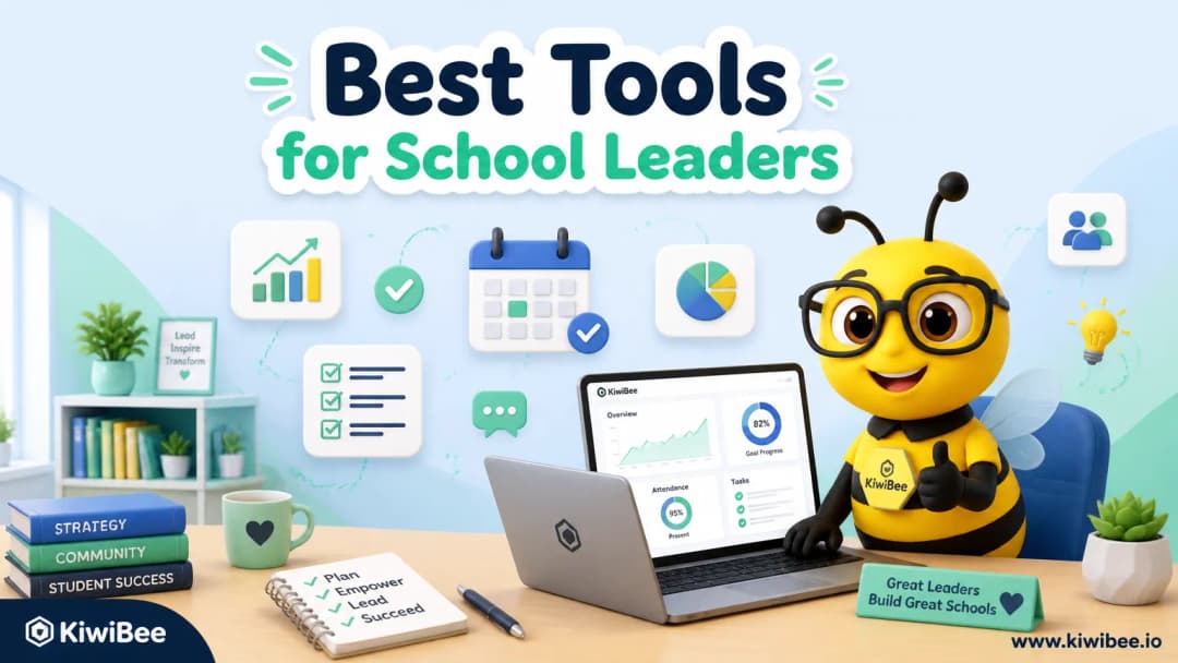 KiwiBee bee mascot at a desk with dashboards and app icons — header for an article on the best management tools for school leaders.