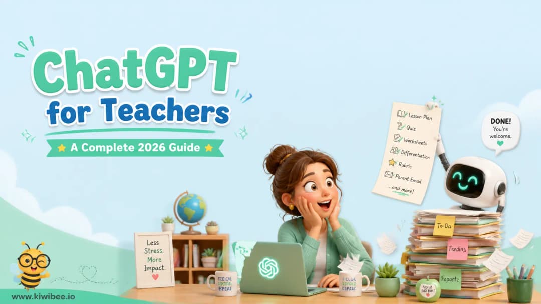 Playful header illustration for the article "ChatGPT for Teachers: A Complete 2026 Guide", in KiwiBee's friendly cartoon style with a small bee mascot in the corner.
