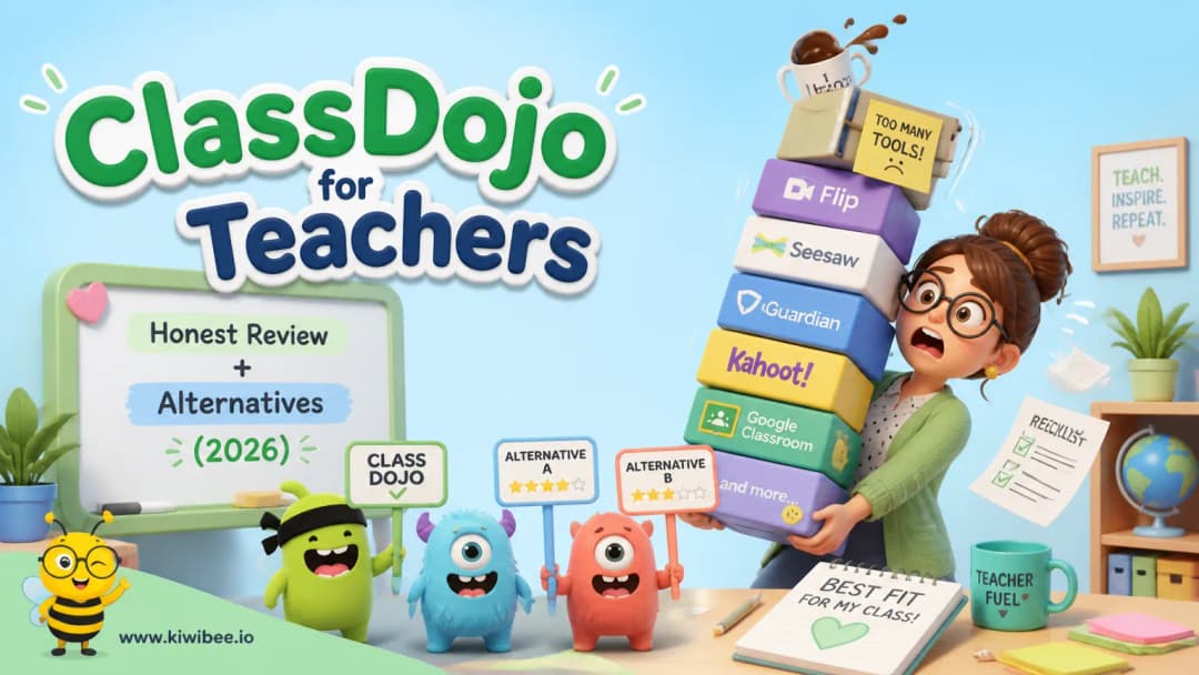 Playful header illustration for the article "ClassDojo for Teachers: Honest Review + Alternatives (2026)", in KiwiBee's friendly cartoon style with a small bee mascot in the corner.