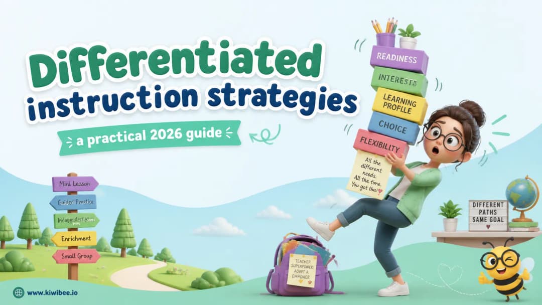 Playful header illustration for the article "Differentiated instruction strategies: a practical 2026 guide", in KiwiBee's friendly cartoon style with a small bee mascot in the corner.
