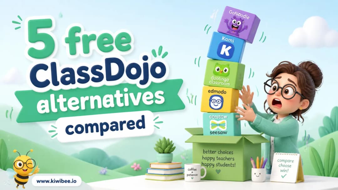 Playful header illustration for the article "5 free ClassDojo alternatives compared", in KiwiBee's friendly cartoon style with a small bee mascot in the corner.