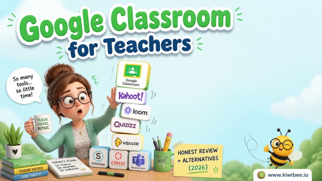 Playful header illustration for the article "Google Classroom for Teachers: Honest Review + Alternatives (2026)", in KiwiBee's friendly cartoon style with a small bee mascot in the corner.