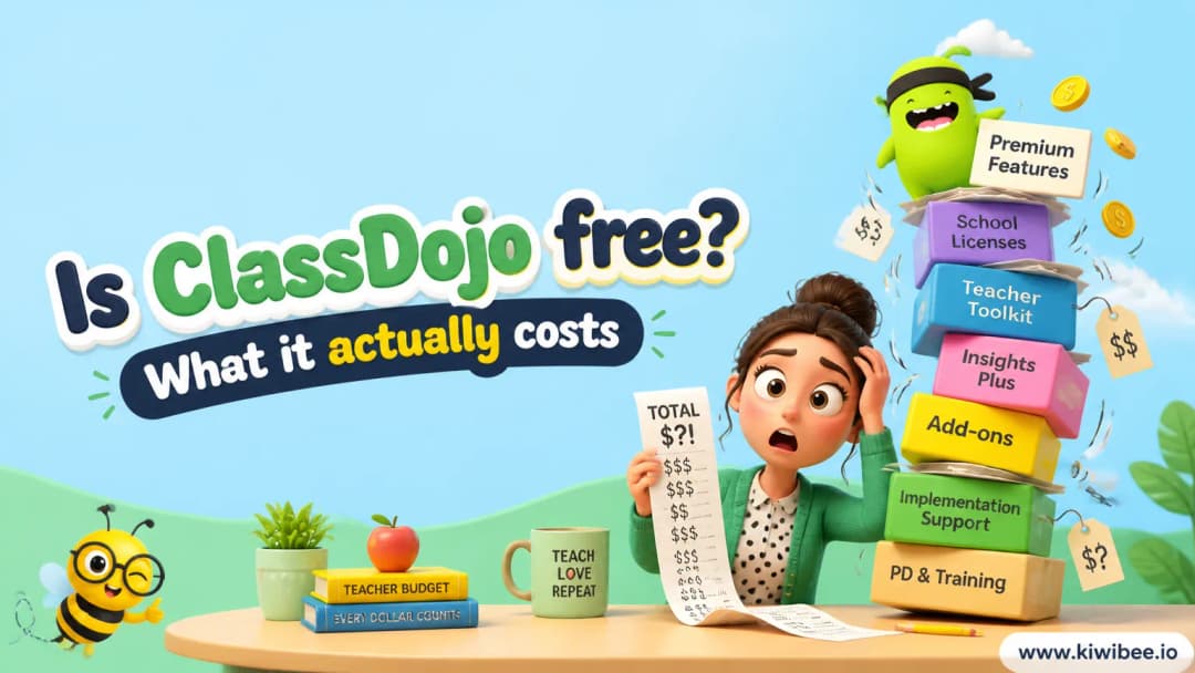 Playful header illustration for the article "Is ClassDojo free? What it actually costs in 2026", in KiwiBee's friendly cartoon style with a small bee mascot in the corner.