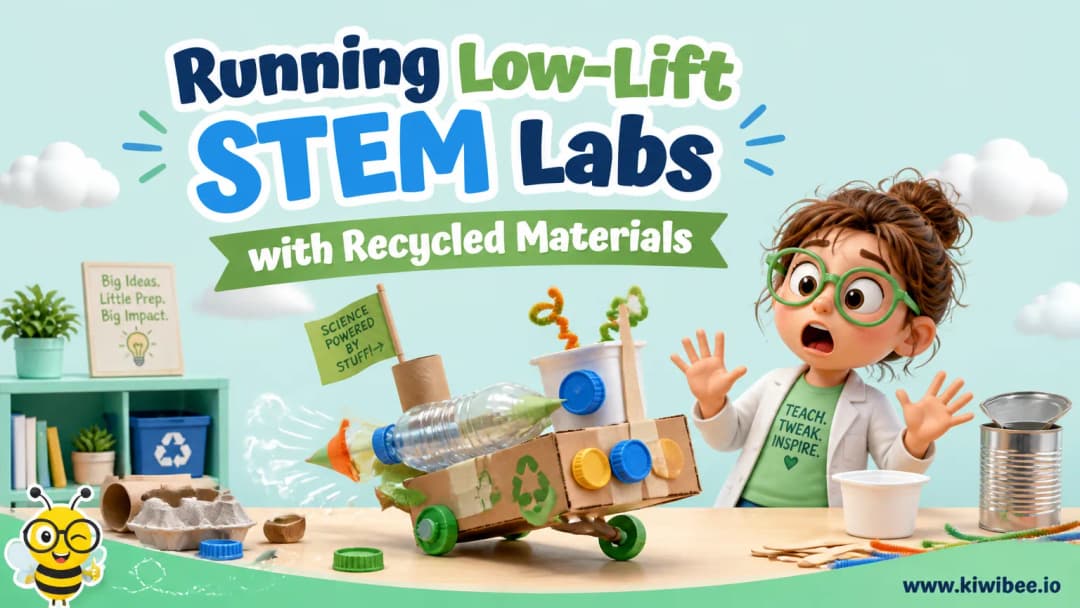Playful header illustration for the article "Running Low-Lift STEM Labs with Recycled Materials", in KiwiBee's friendly cartoon style with a small bee mascot in the corner.