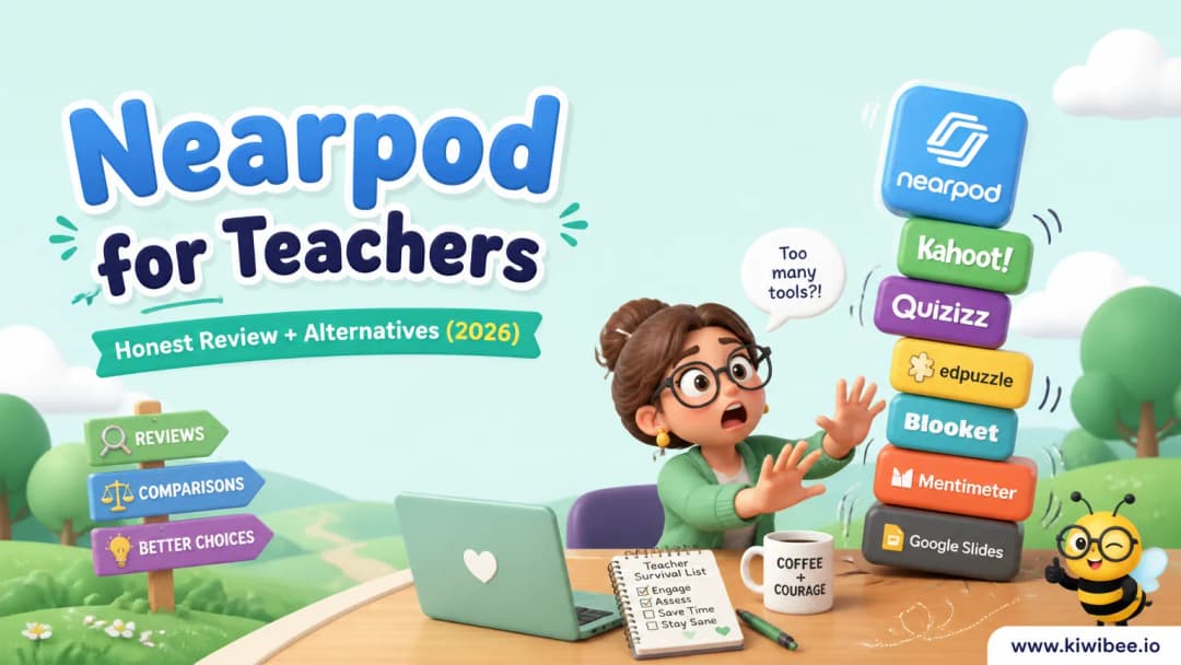 Playful header illustration for the article "Nearpod for Teachers: Honest Review + Alternatives (2026)", in KiwiBee's friendly cartoon style with a small bee mascot in the corner.