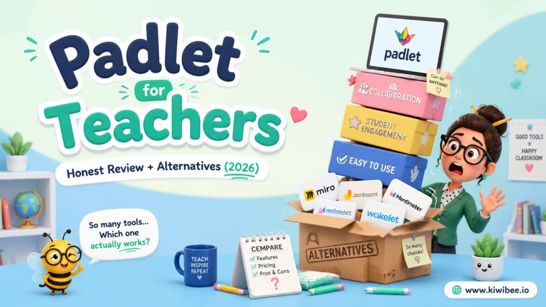 Playful header illustration for the article "Padlet for Teachers: Honest Review + Alternatives (2026)", in KiwiBee's friendly cartoon style with a small bee mascot in the corner.