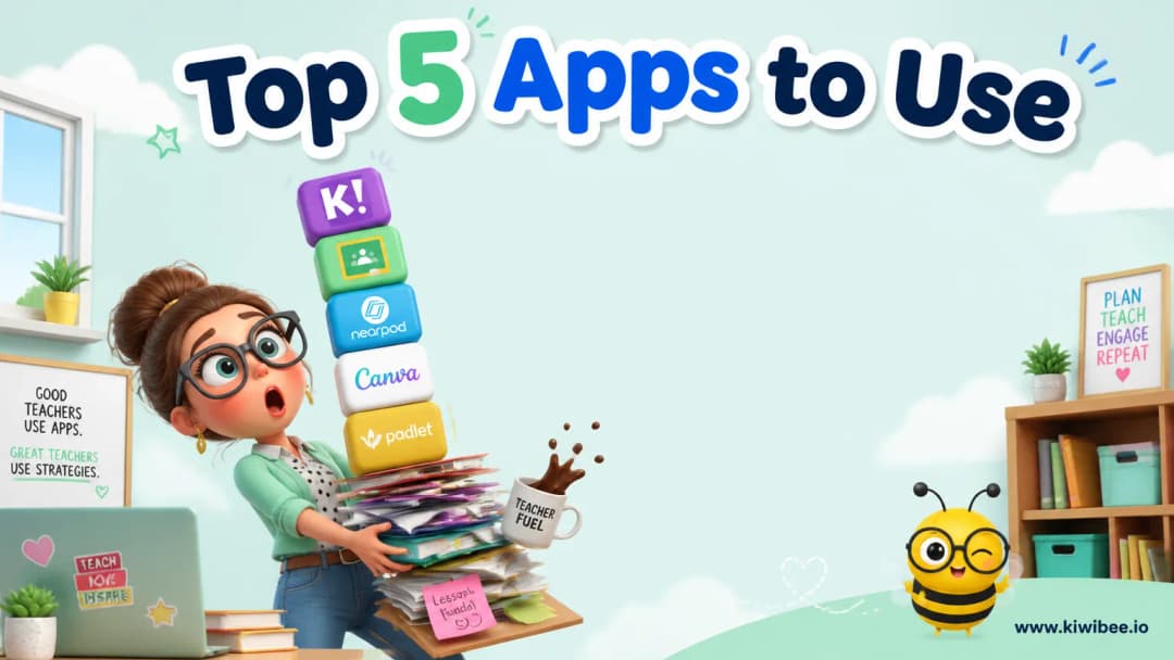 Playful header illustration for the article "Top 5 Apps to Use in the Classroom", in KiwiBee's friendly cartoon style with a small bee mascot in the corner.