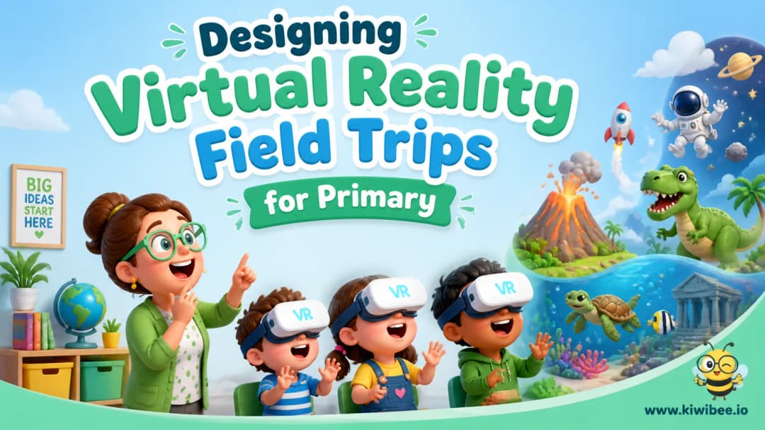 Playful header illustration for the article "Designing Virtual Reality Field Trips for Primary Classrooms", in KiwiBee's friendly cartoon style with a small bee mascot in the corner.