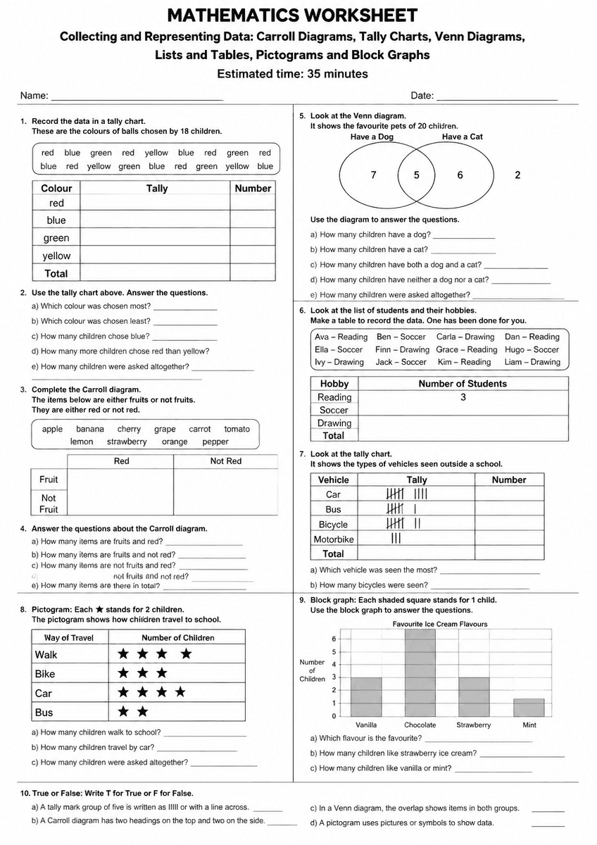 Grade 2 data handling charts and graphs maths worksheet preview